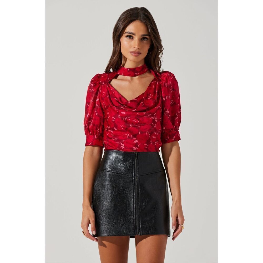 ASTR the Label FLORAL MOCK NECK COWL DRAPE TOP in Red Floral, XS
